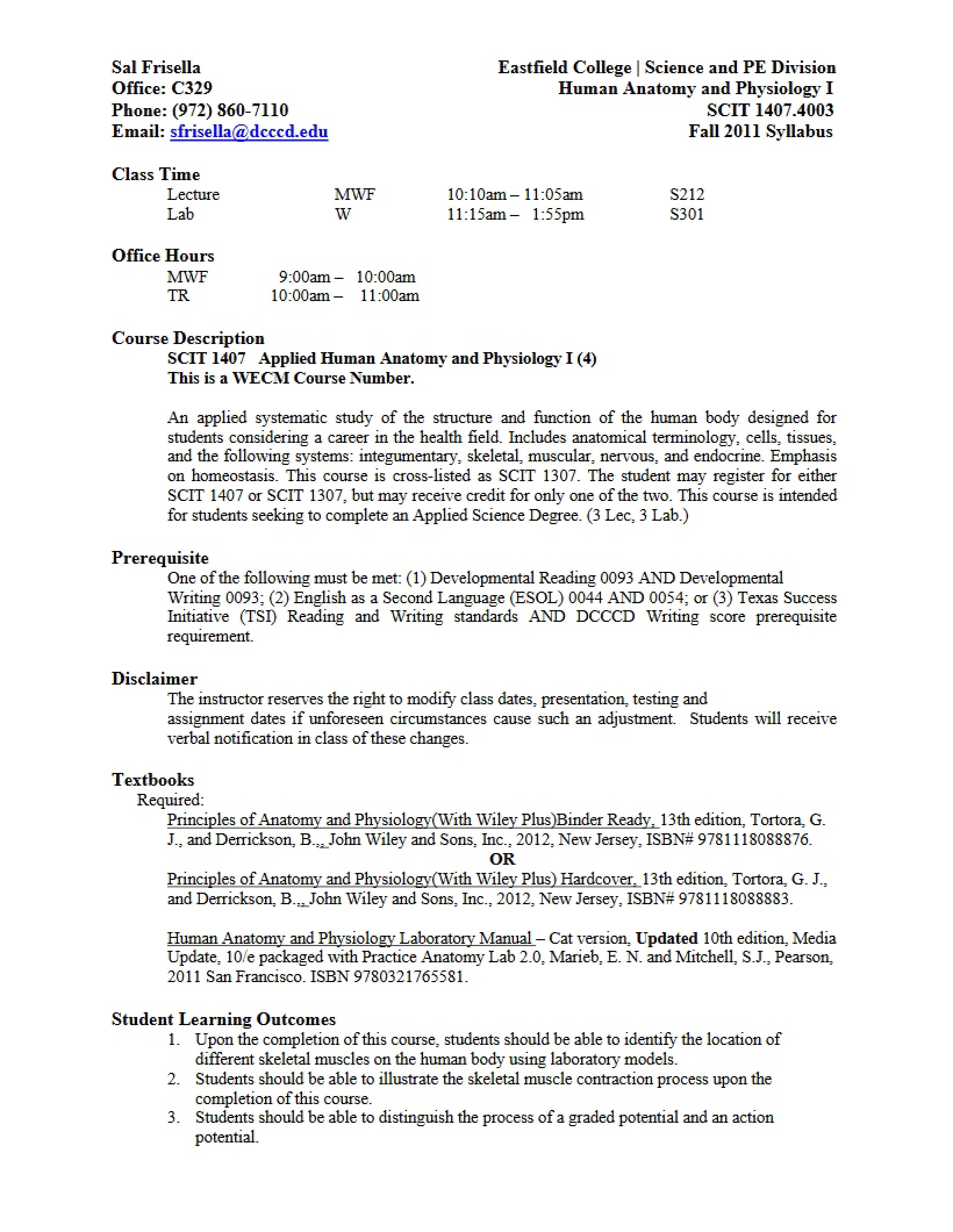 Applied Human Anatomy and Physiology I Syllabus - 6 Pages