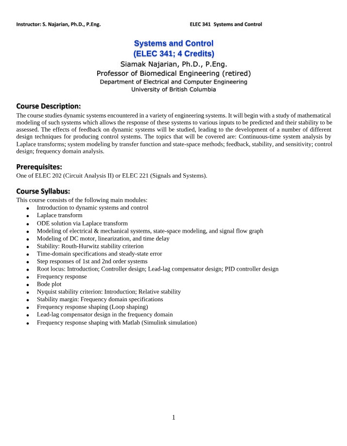 ELEC 341 Systems and Control - Course Syllabus and Outline