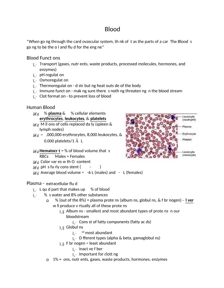 Notes on Blood Functions and Composition