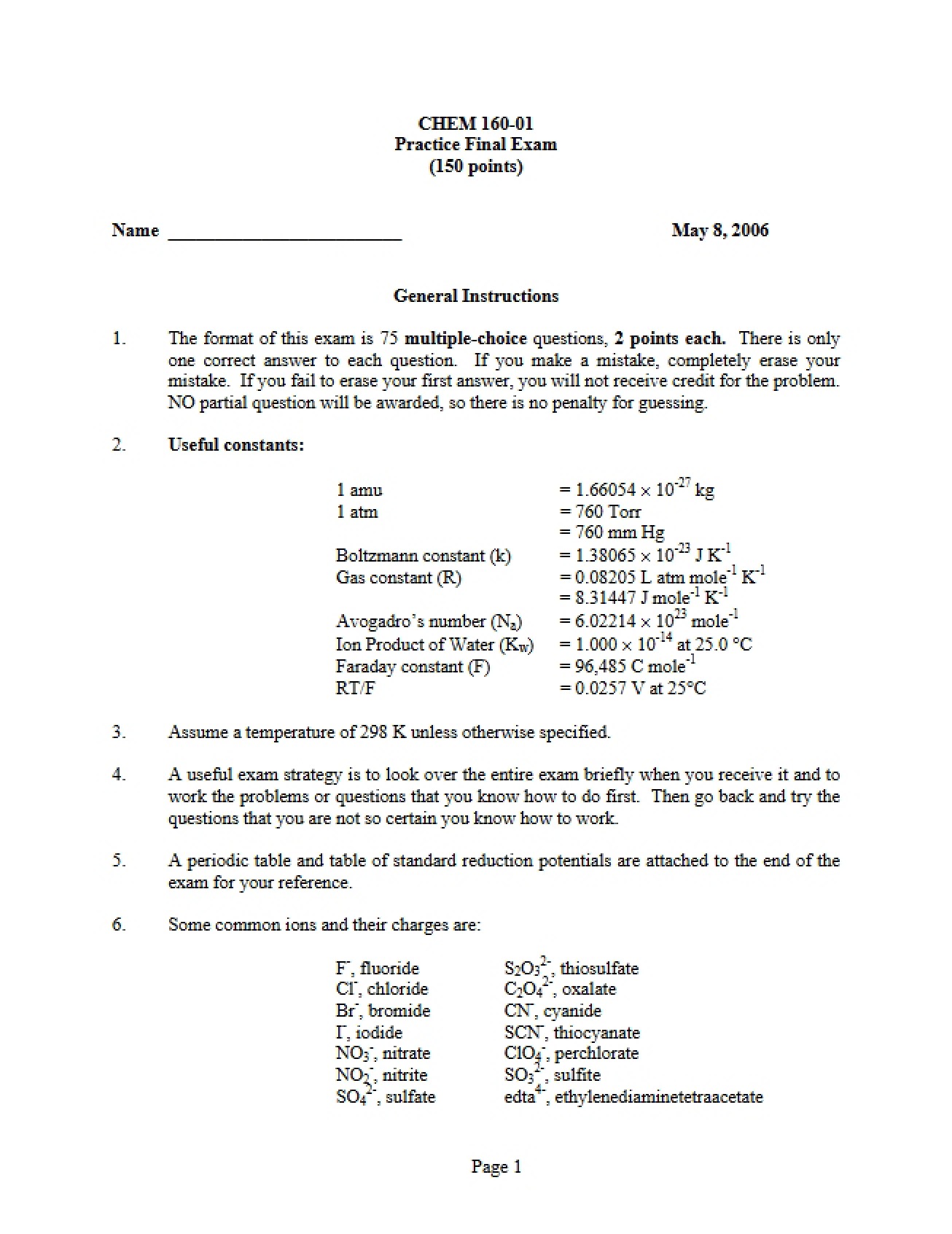 Practice Final Exam for Chemistry II