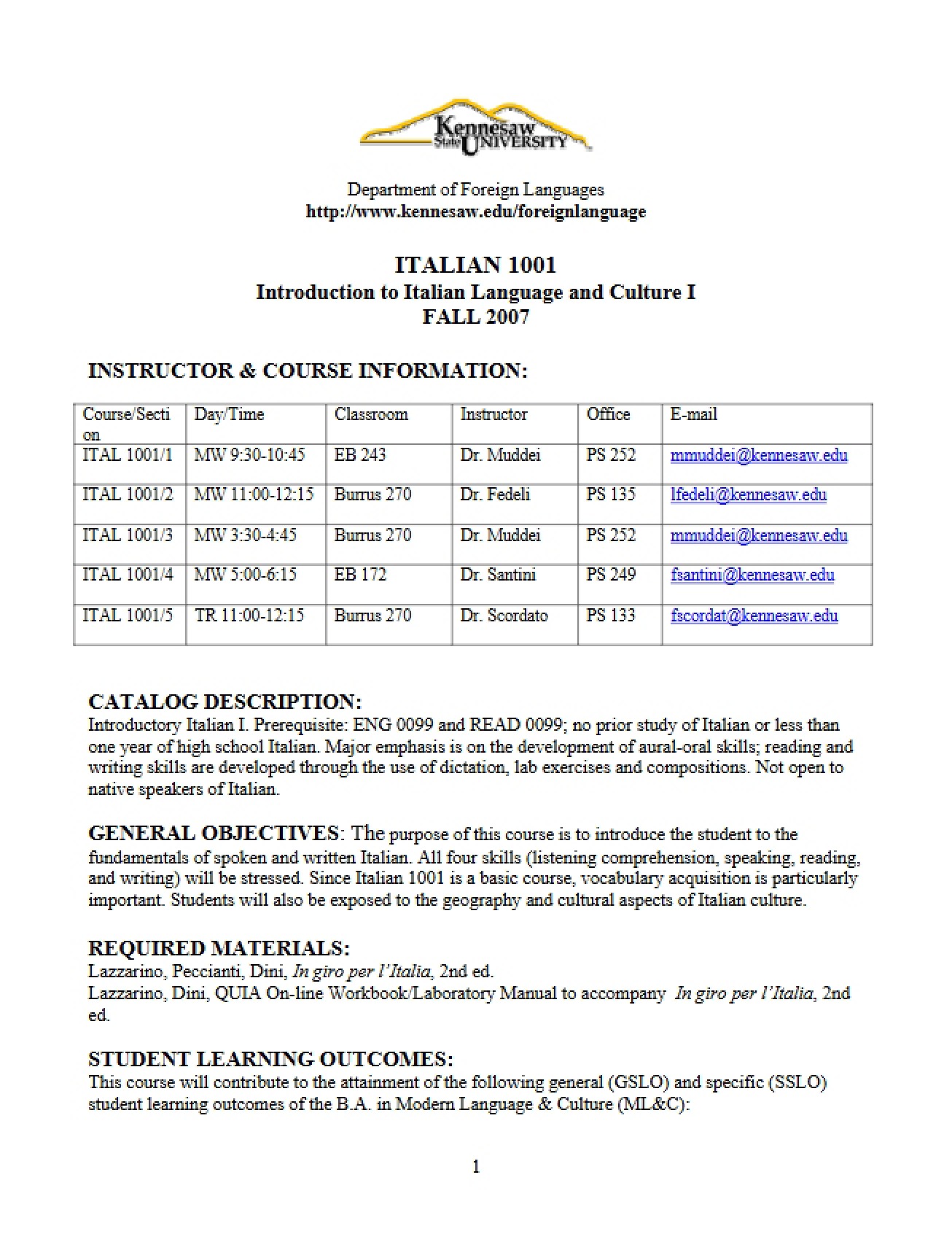 Official Syllabus Introduction to Italian I