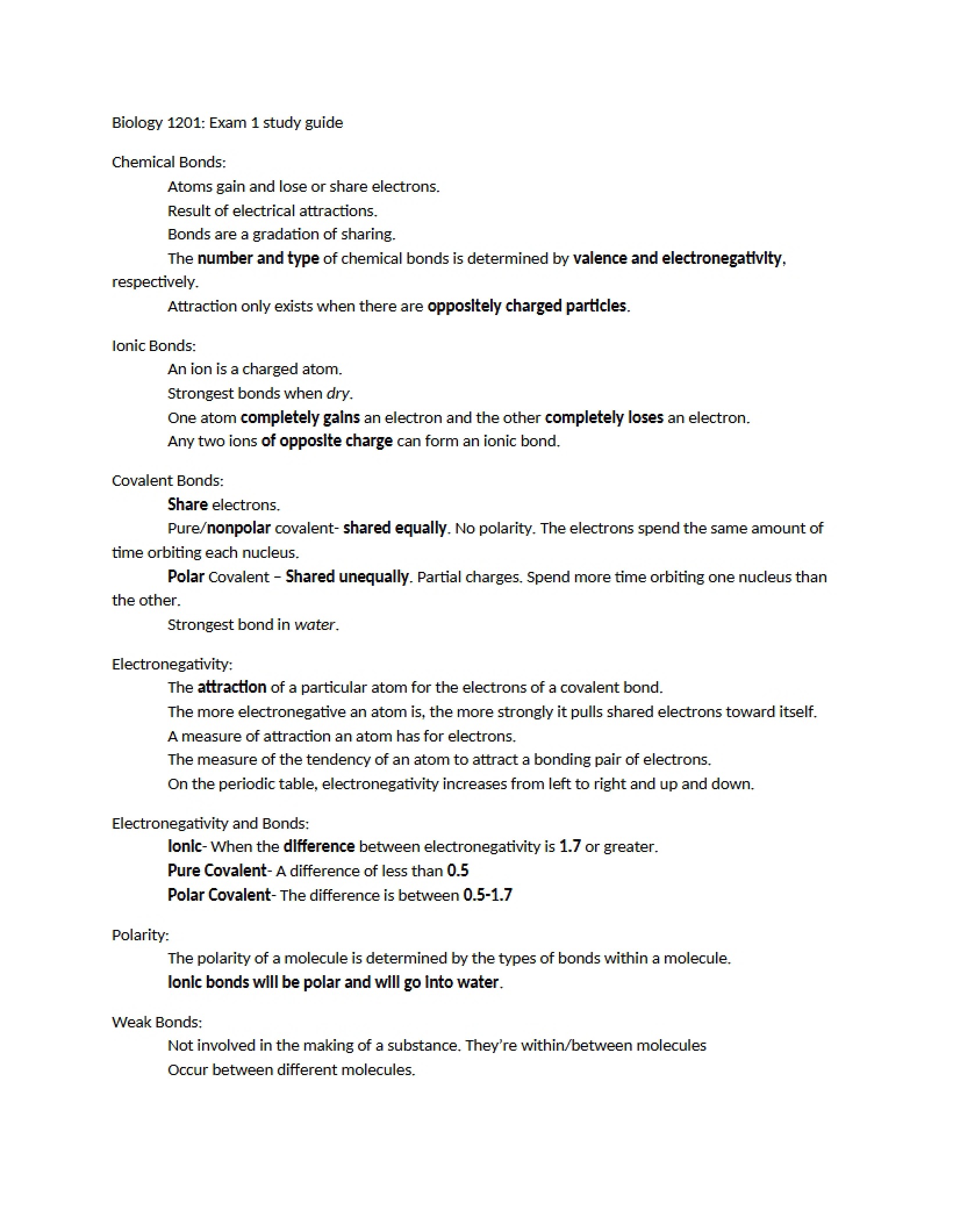 Study Guide for Exam 1