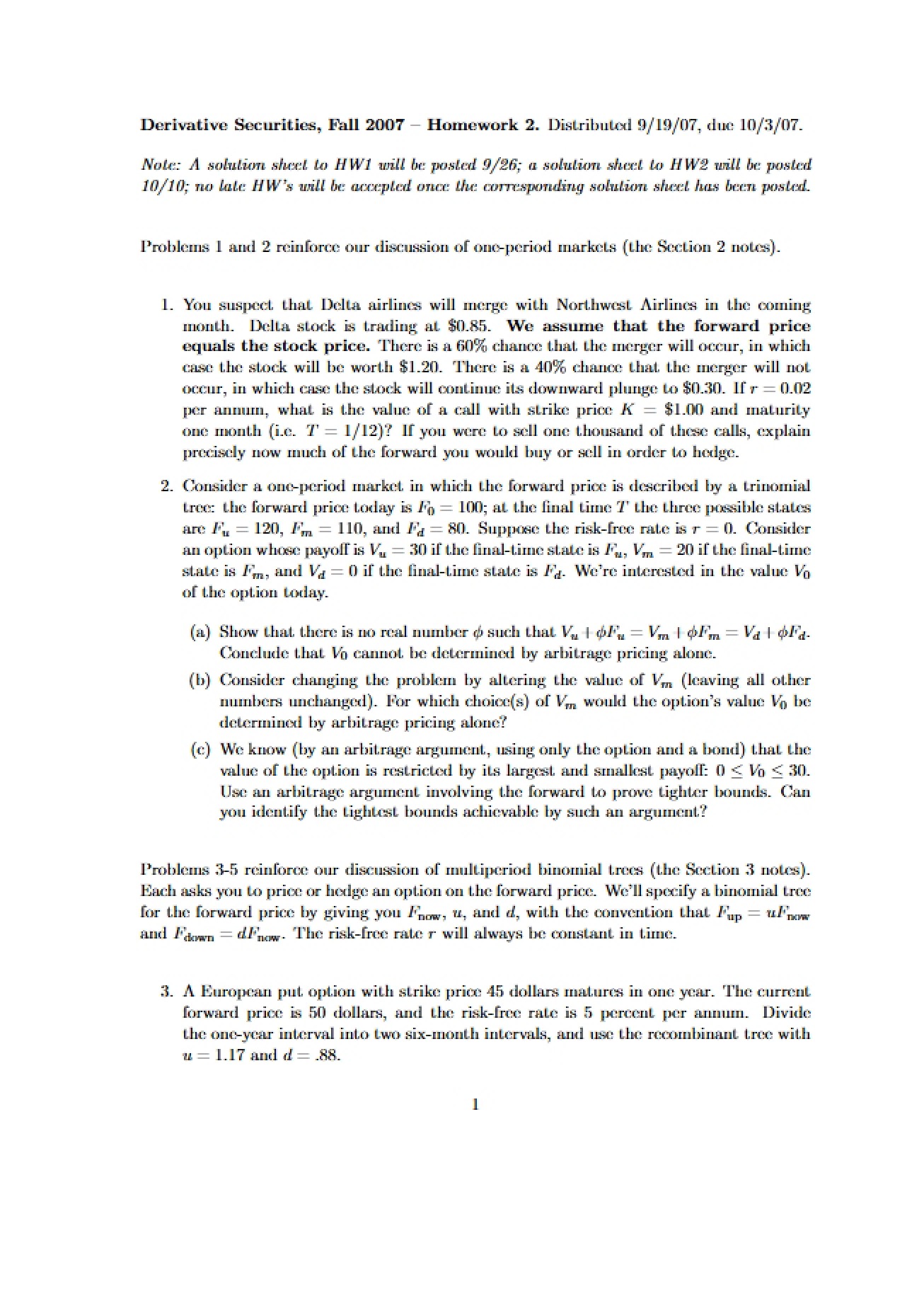 Syllabus for Derivative Securities Course