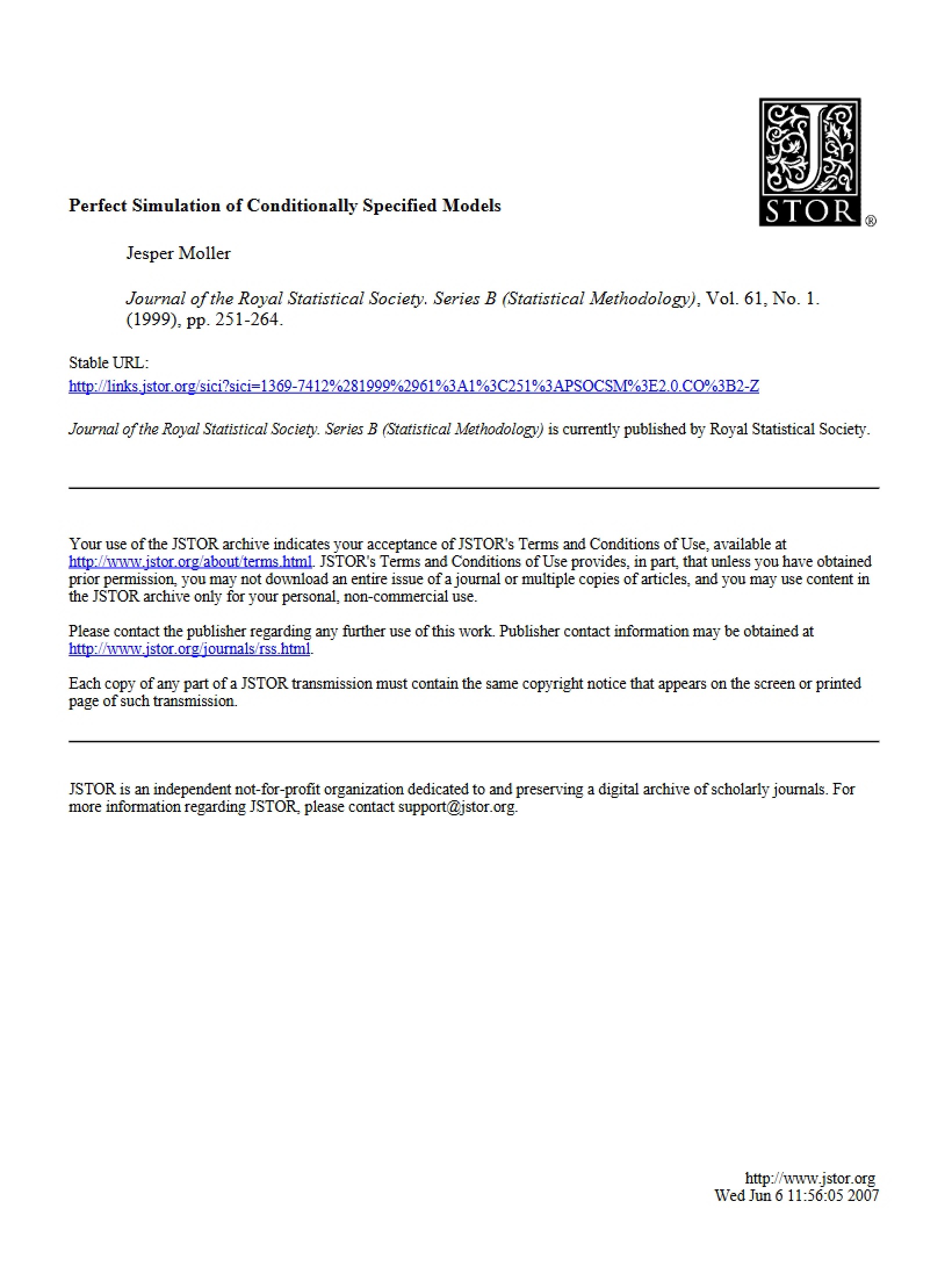 Conditionally Specified Model Perfect Simulation