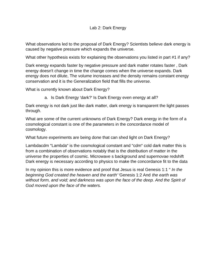 Dark Energy Observations and Hypotheses Lab 2