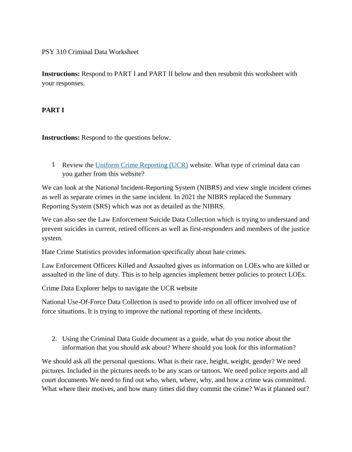 Worksheet on Criminal Data