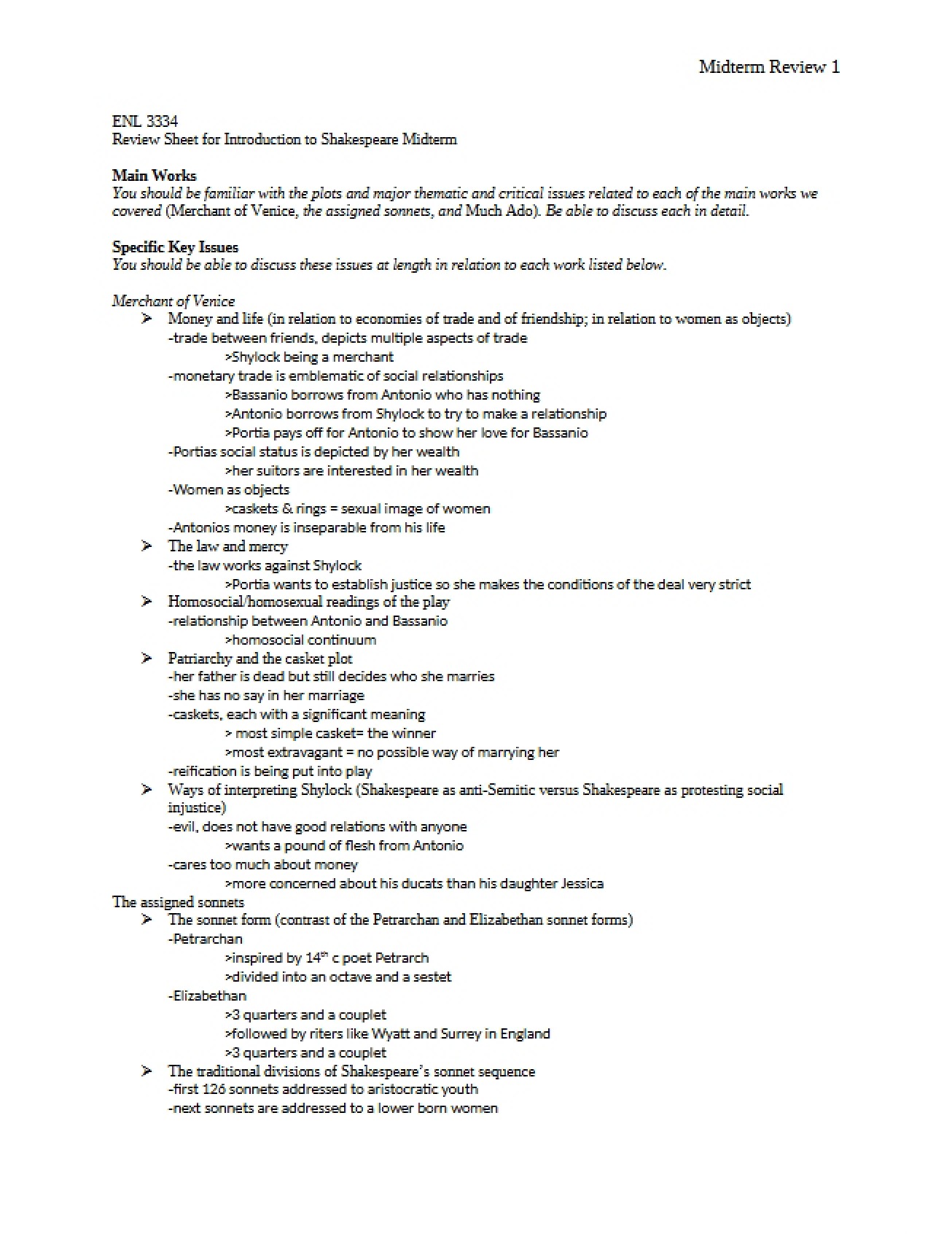 Midterm Review Sheet for Introduction to Shakespeare