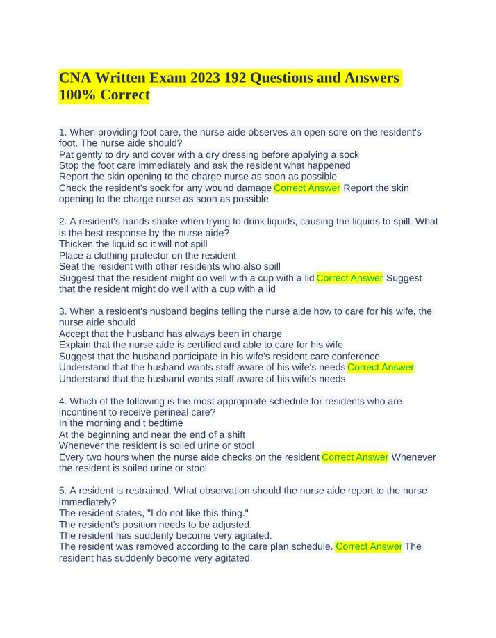192 Questions and Answers - 2023 CNA Written Exam