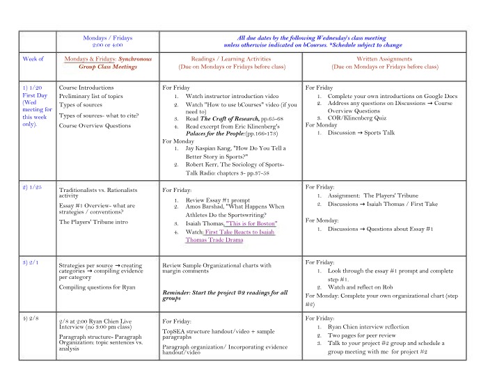 Spring 2021 R4B Schedule Outline