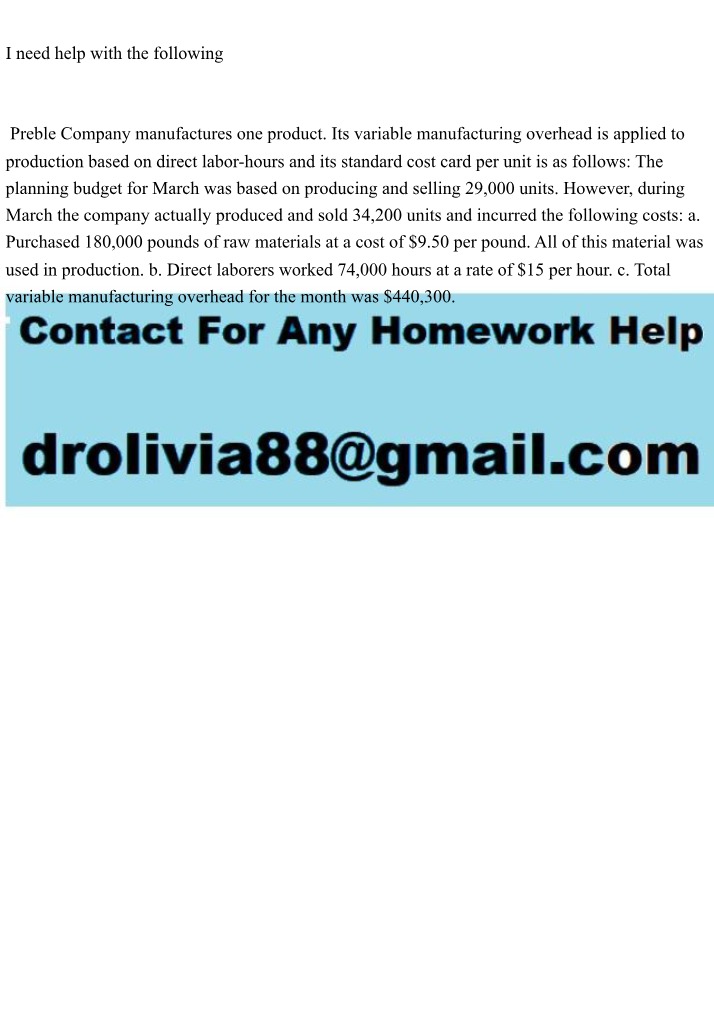 Preble Company Product Manufacturing Problem