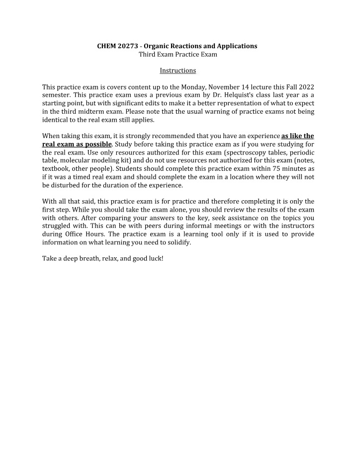 Practice Exam 3 - Organic Reactions and Applications