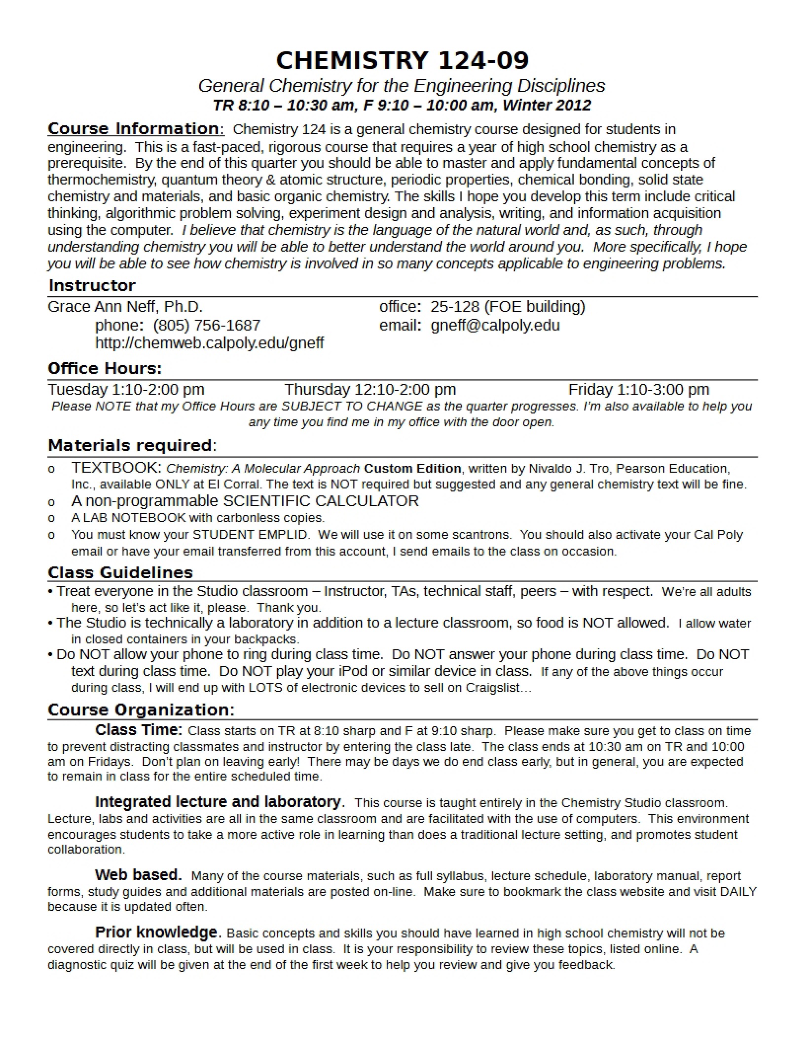 General Chemistry Syllabus