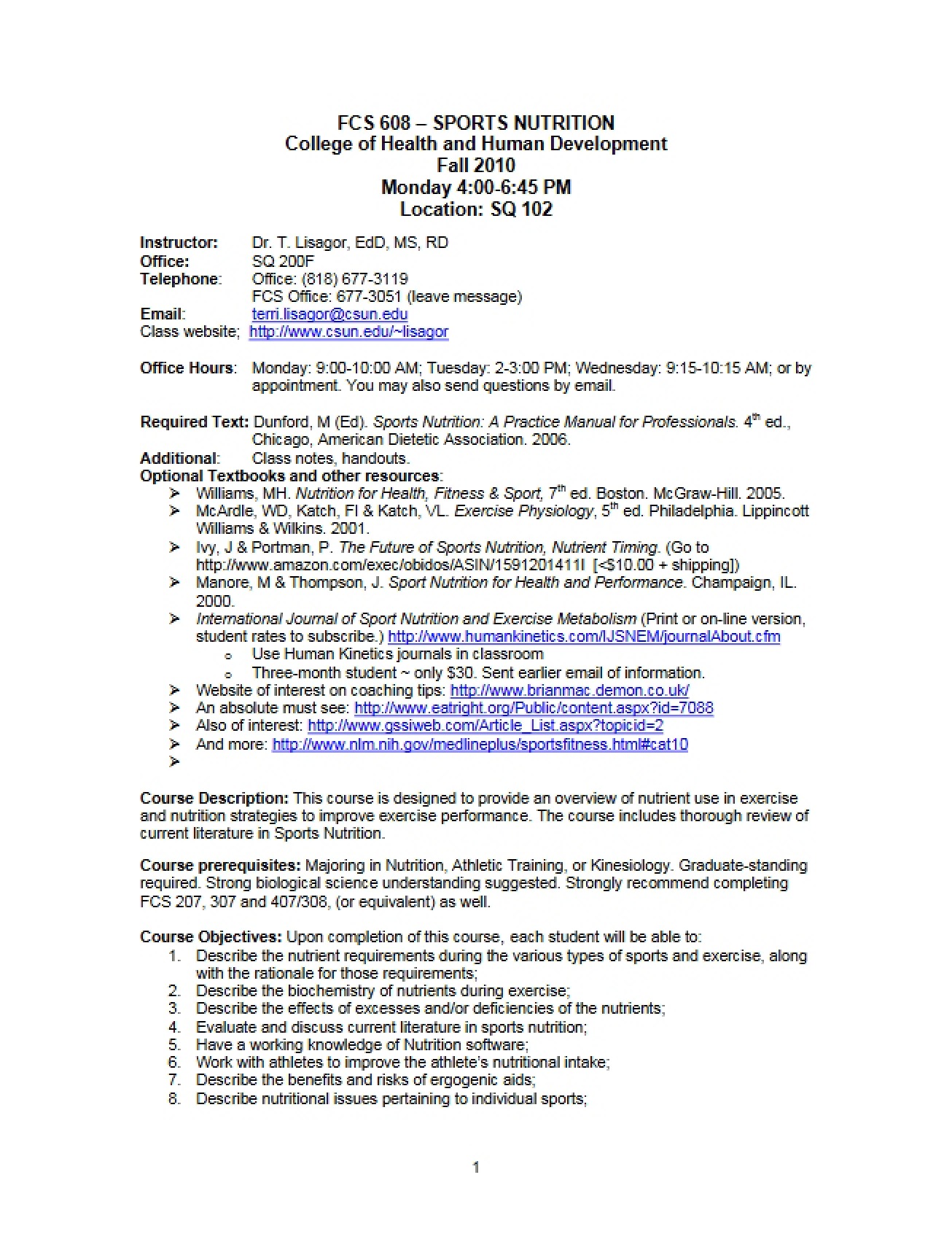 Syllabus for Sports Nutrition