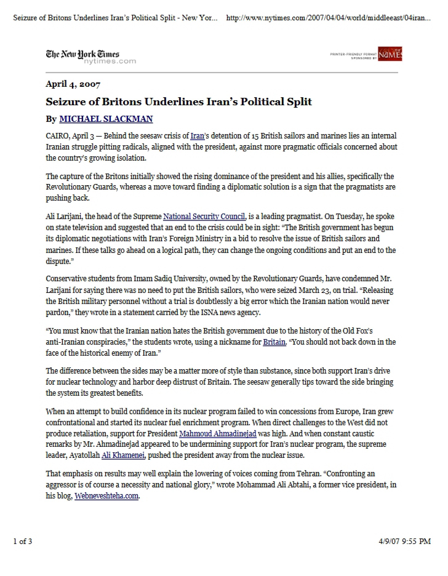 Iran's Political Split Underlined by Seizure of Britons (NYT)