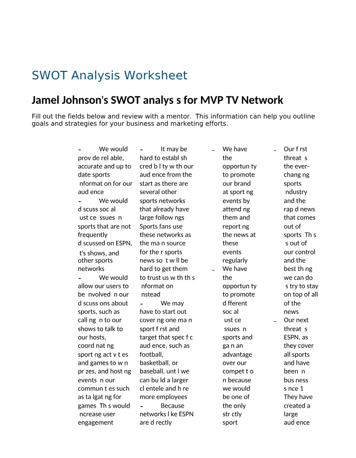 Worksheet for SWOT Analysis