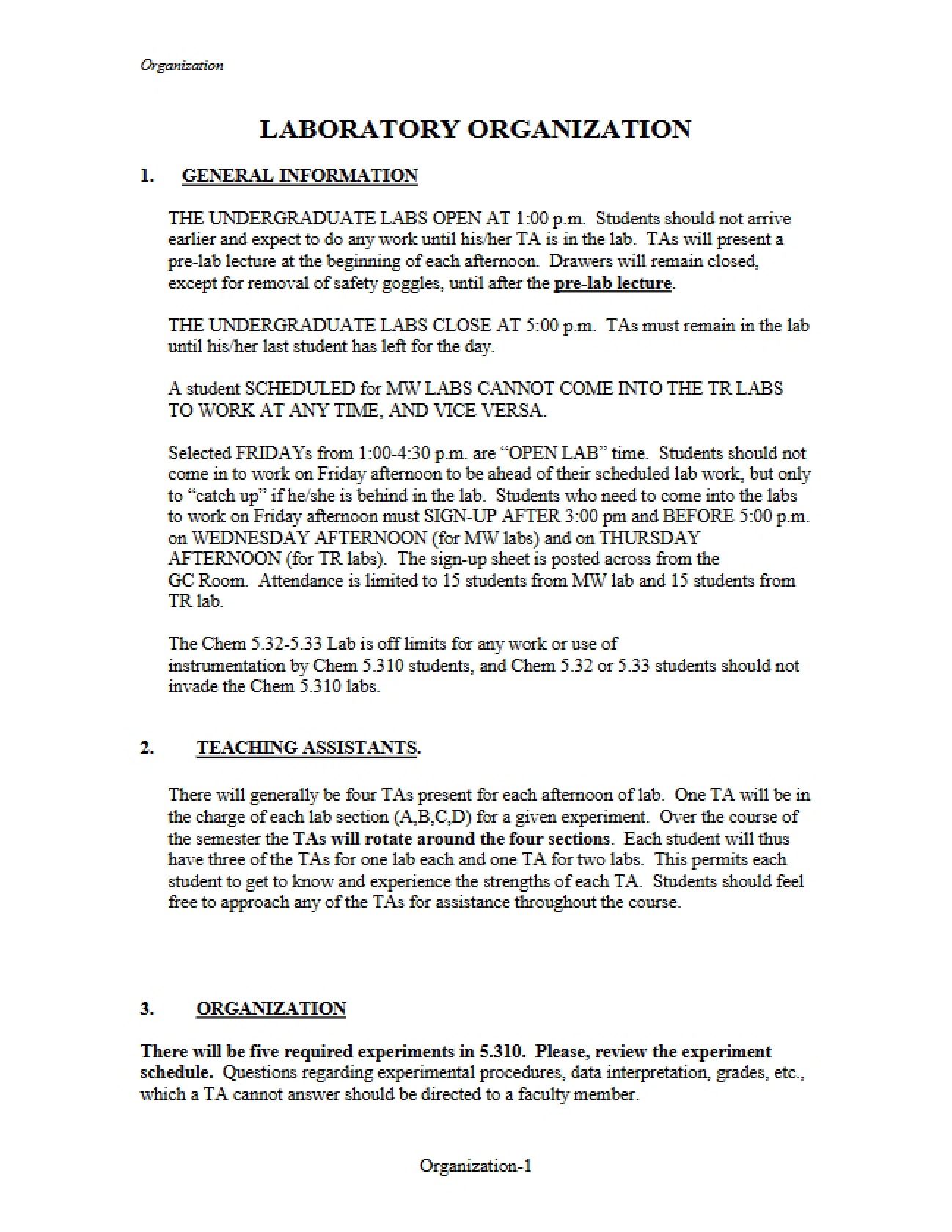 Organization of the Laboratory