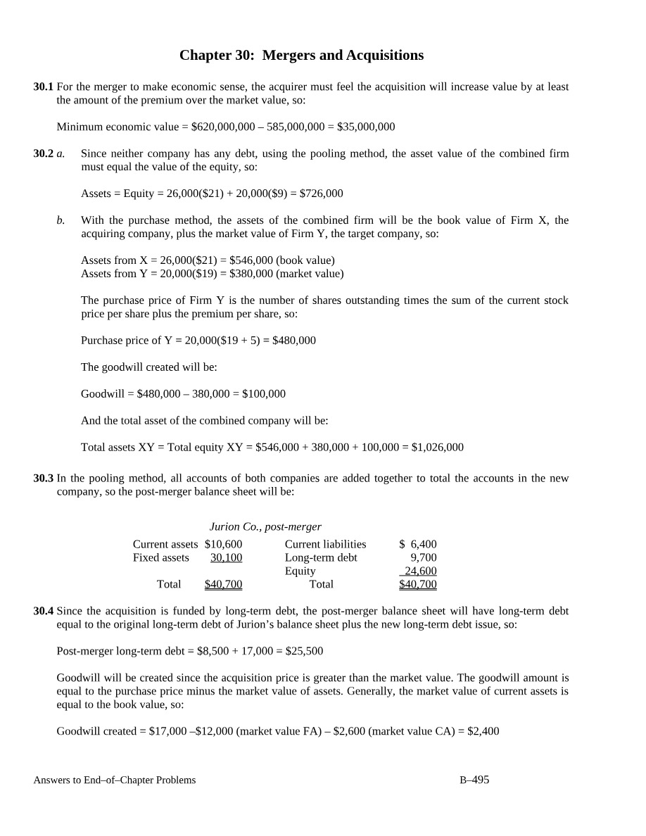 Chapter 30 Solutions - Mergers and Acquisitions