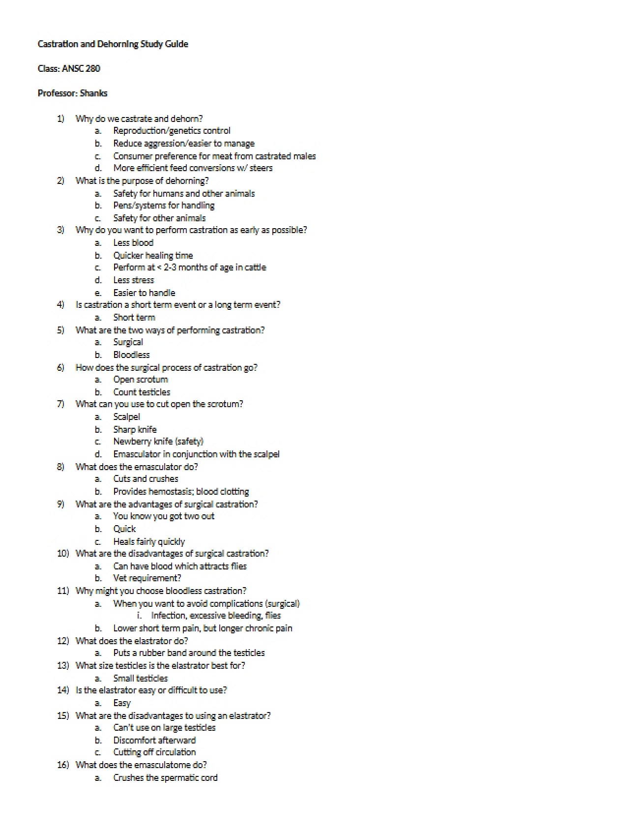 Dehorning and Castration Study Guide
