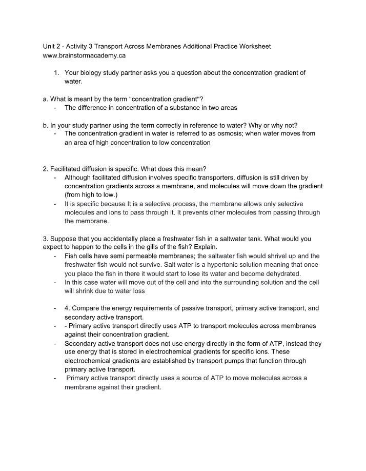 Additional Practice Worksheet - Transport Across Membranes