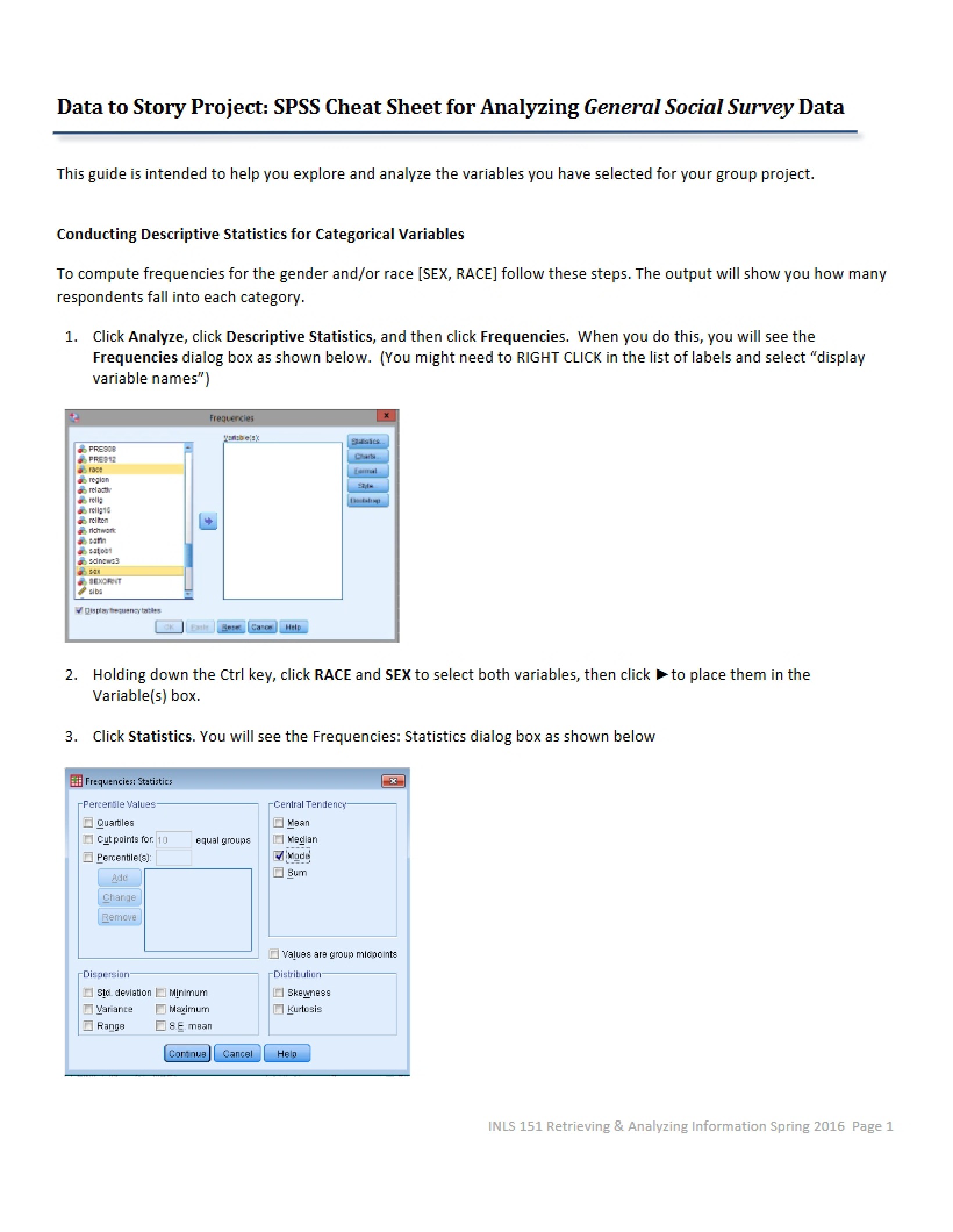 Quick Reference for SPSS