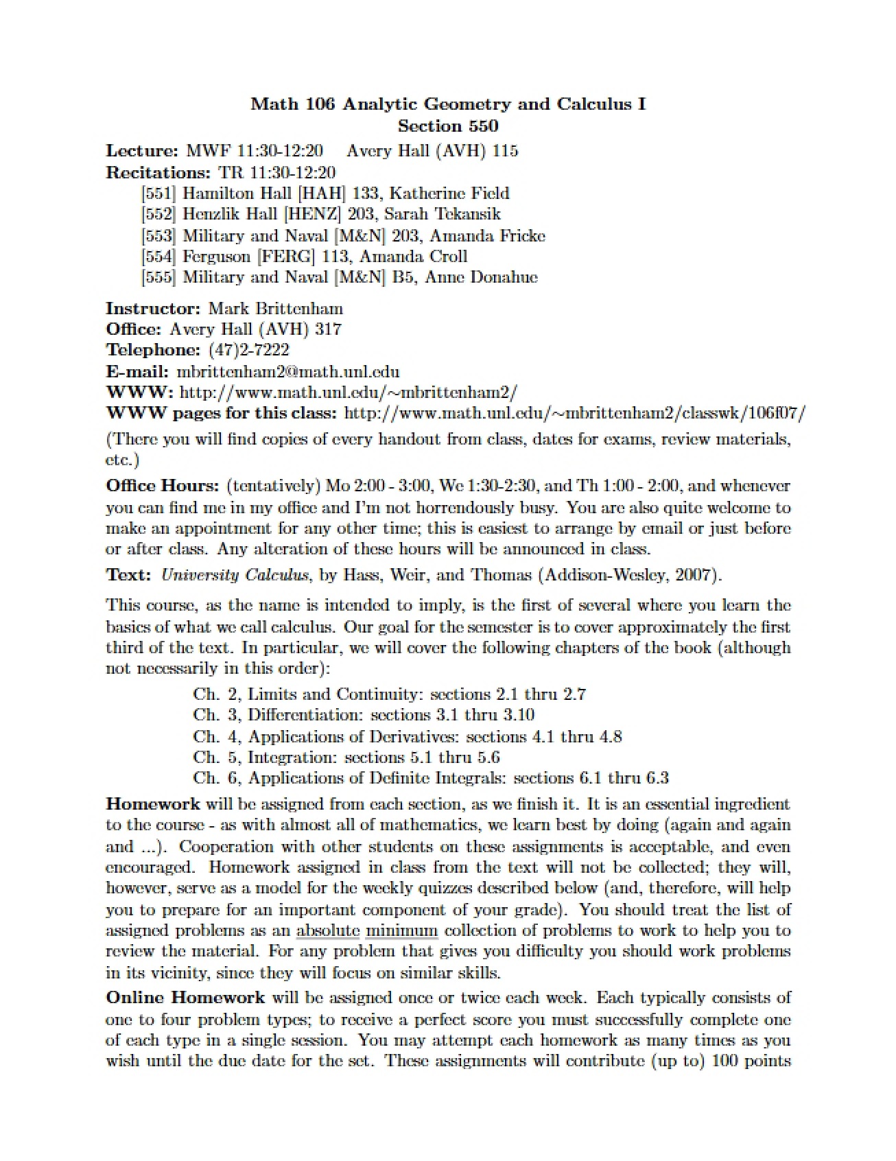 Section 550 Analytic Geometry and Calculus I