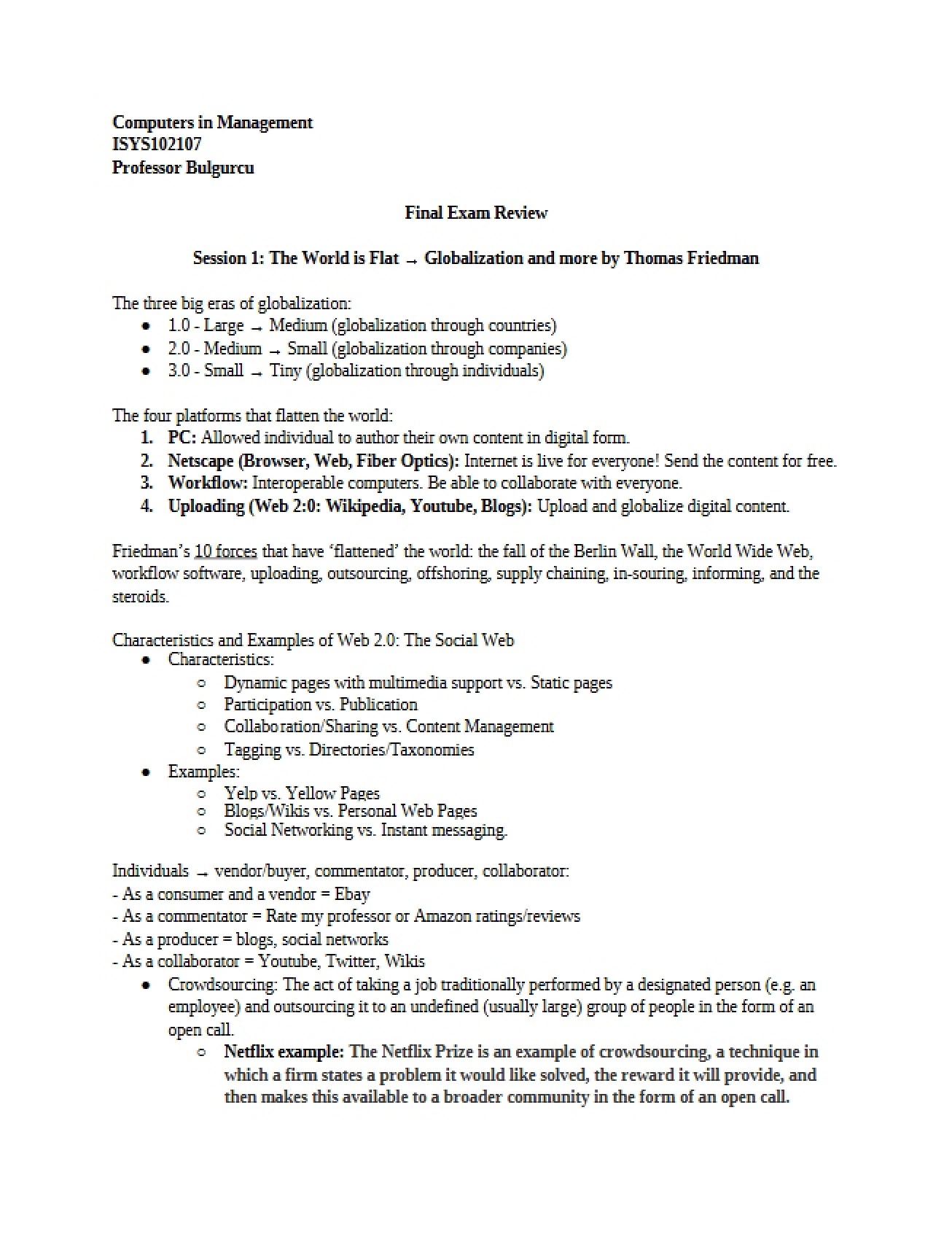 Comprehensive Review for the Final Exam