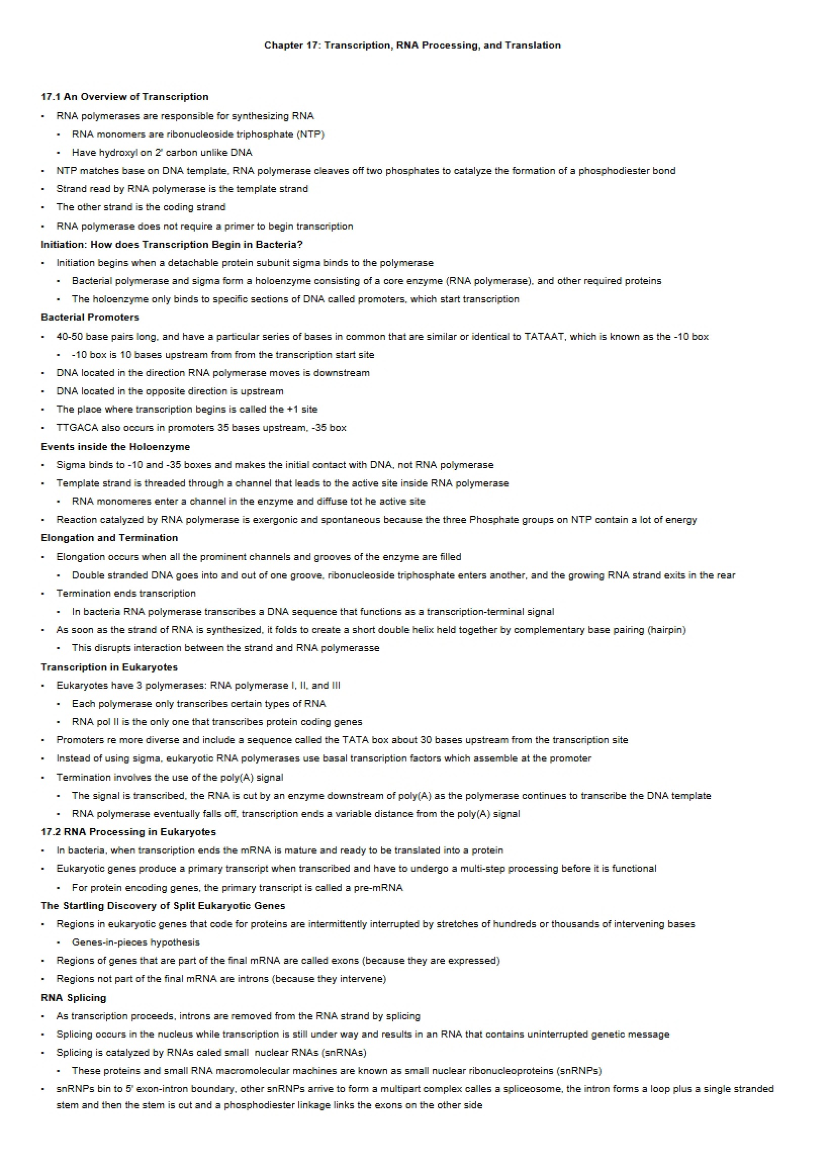 Translation, RNA Processing, and Transcription (Ch 17)