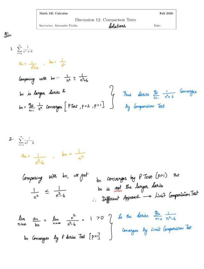 Solutions for Discussion 12 Comparison Tests
