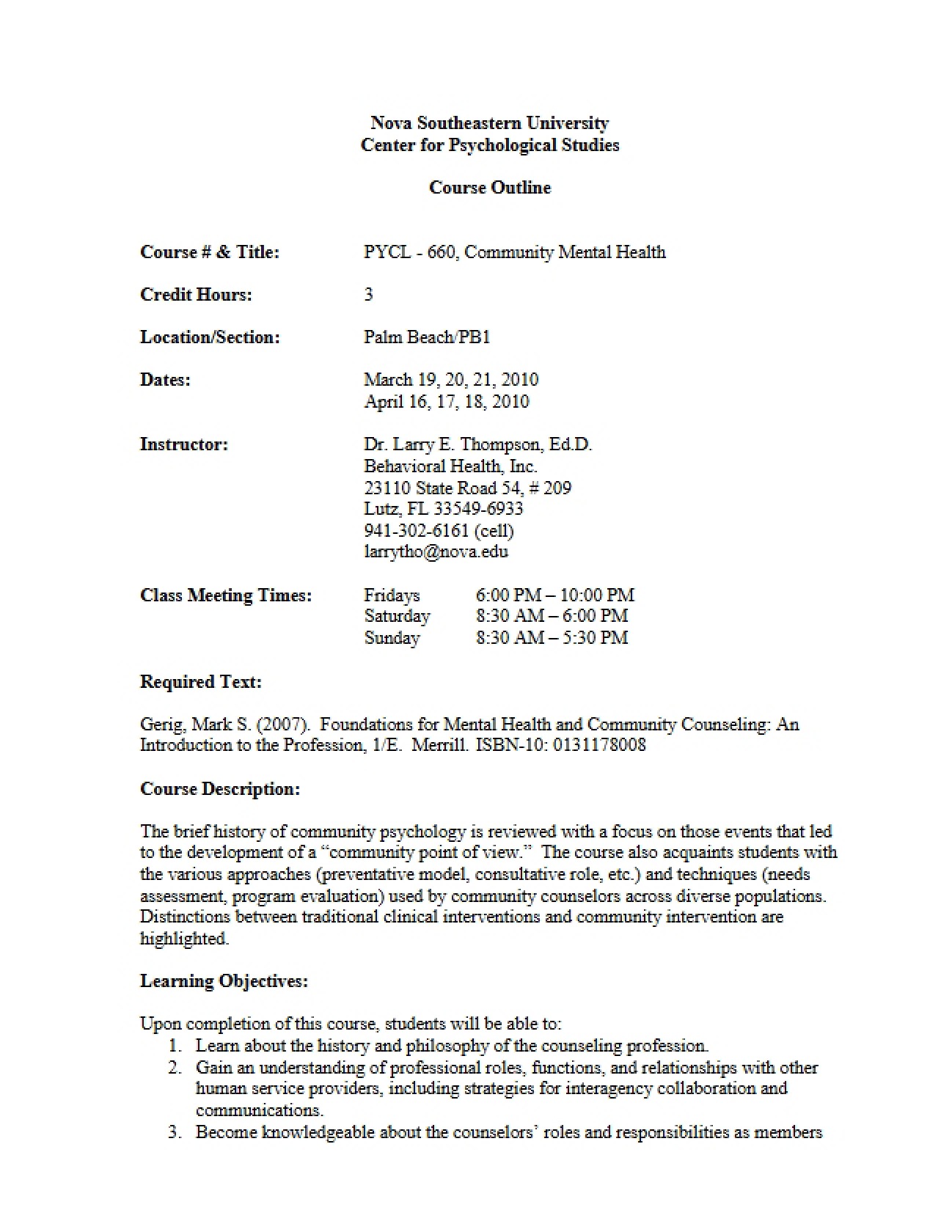 Syllabus for Community Mental Health