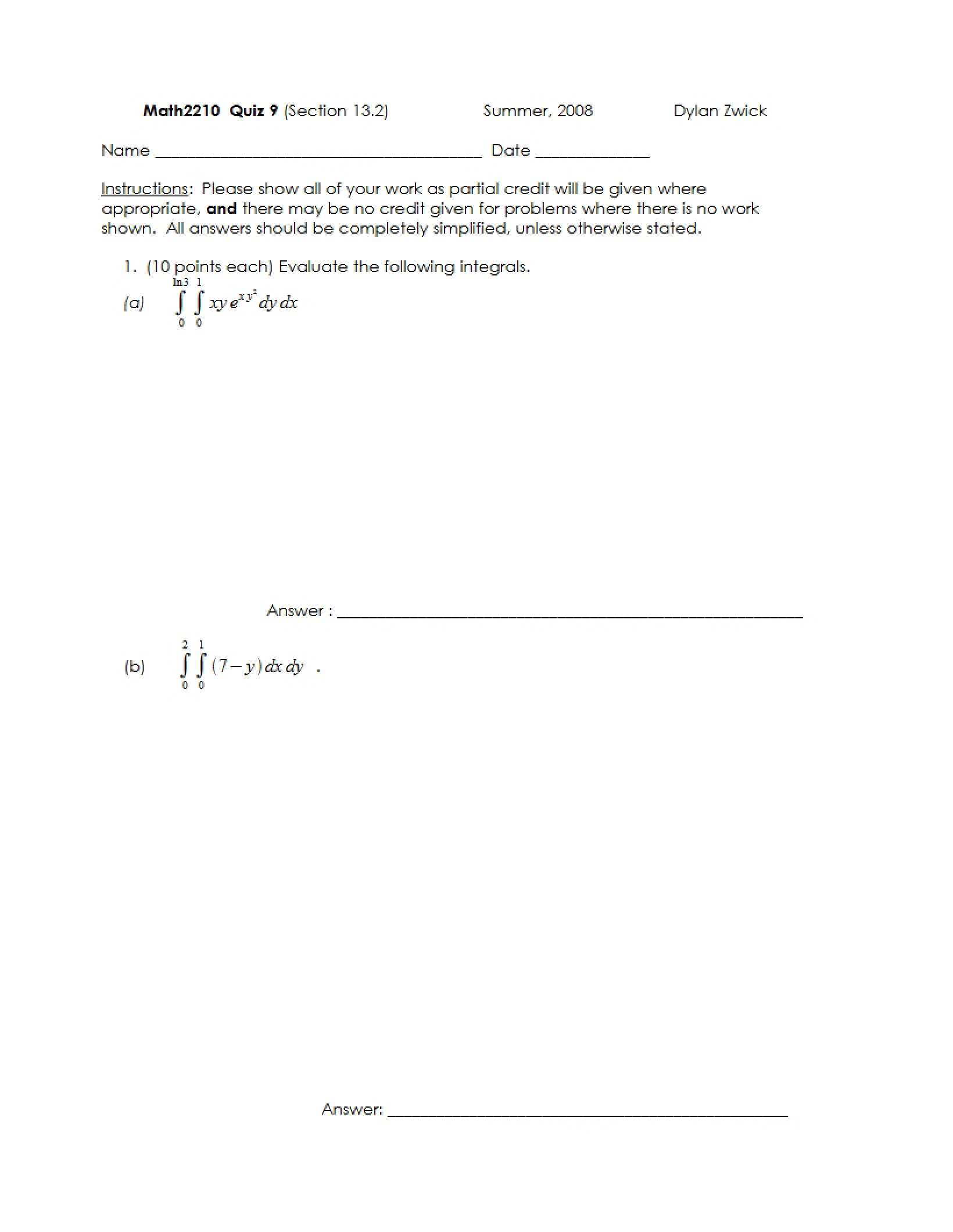 Worksheet for Quiz 9