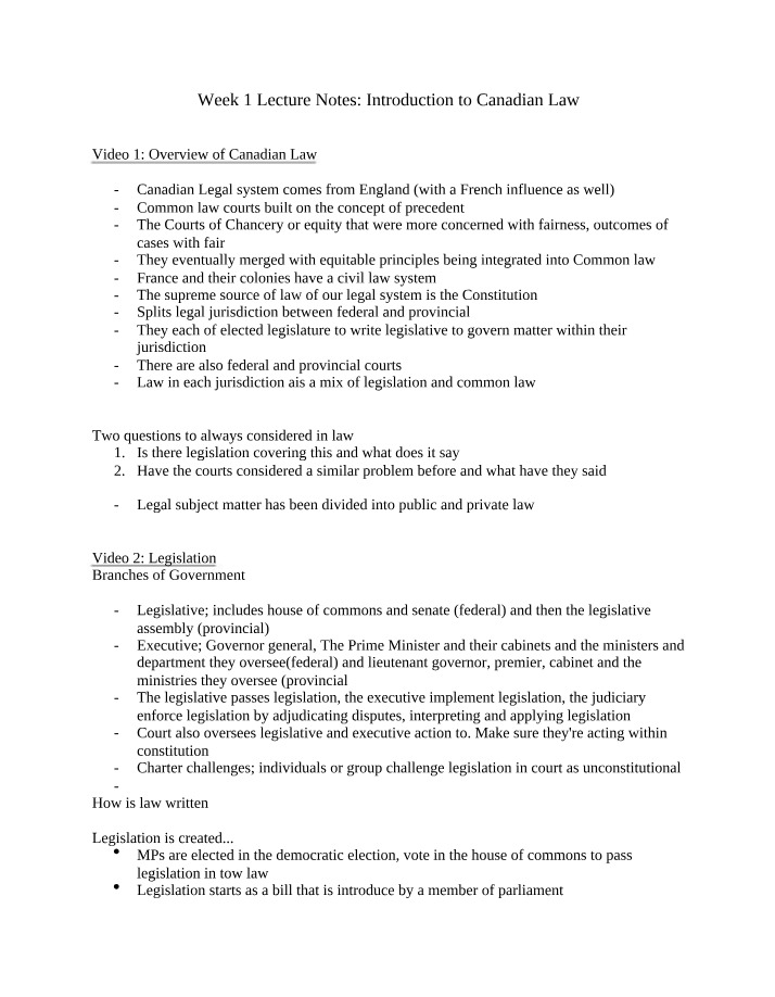 Introduction to Canadian Law - Week 1 Lecture Notes