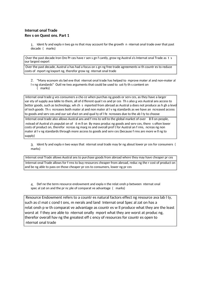 Part 1 - International Trade Revision Questions