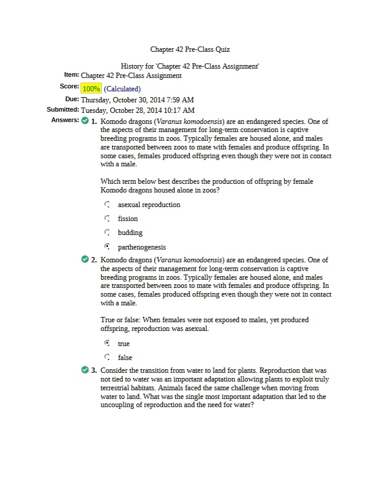 Pre-Class Quiz Chapter 42