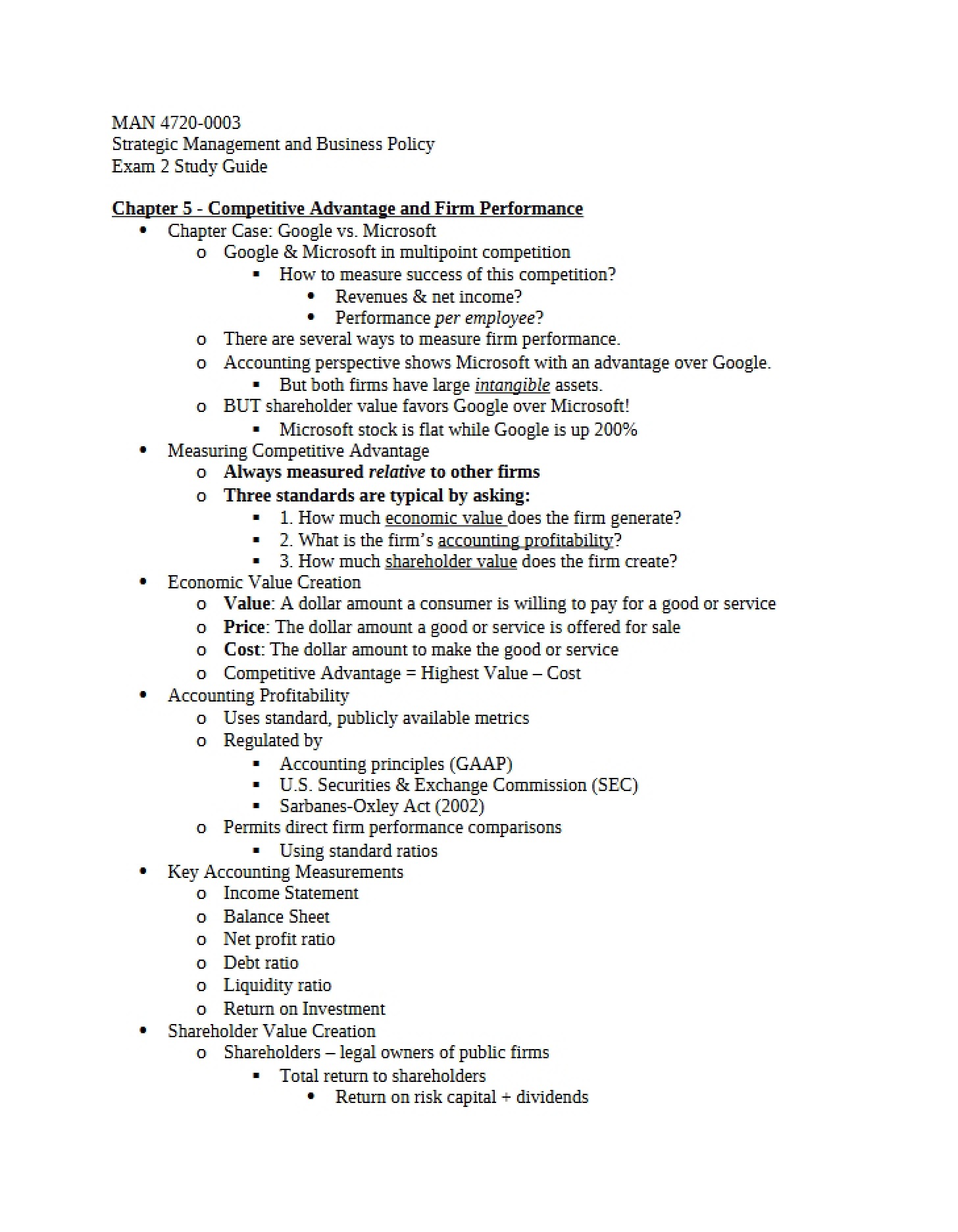 Competitive Advantage and Firm Performance (Ch 5)