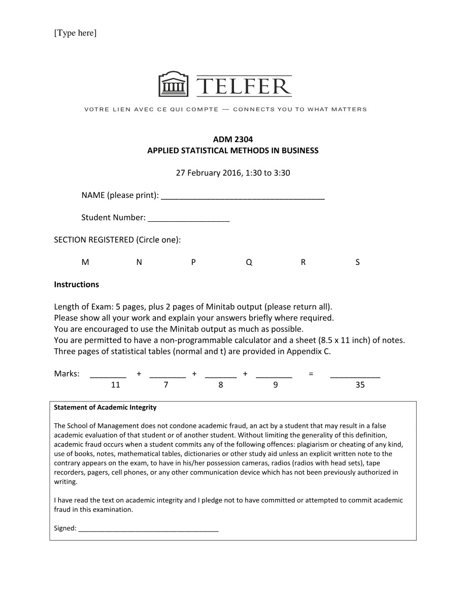 ADM 2304 Applied Statistical Methods in Business Final Exam Part 2