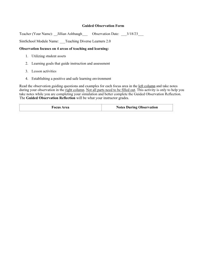Form for Guided Observation