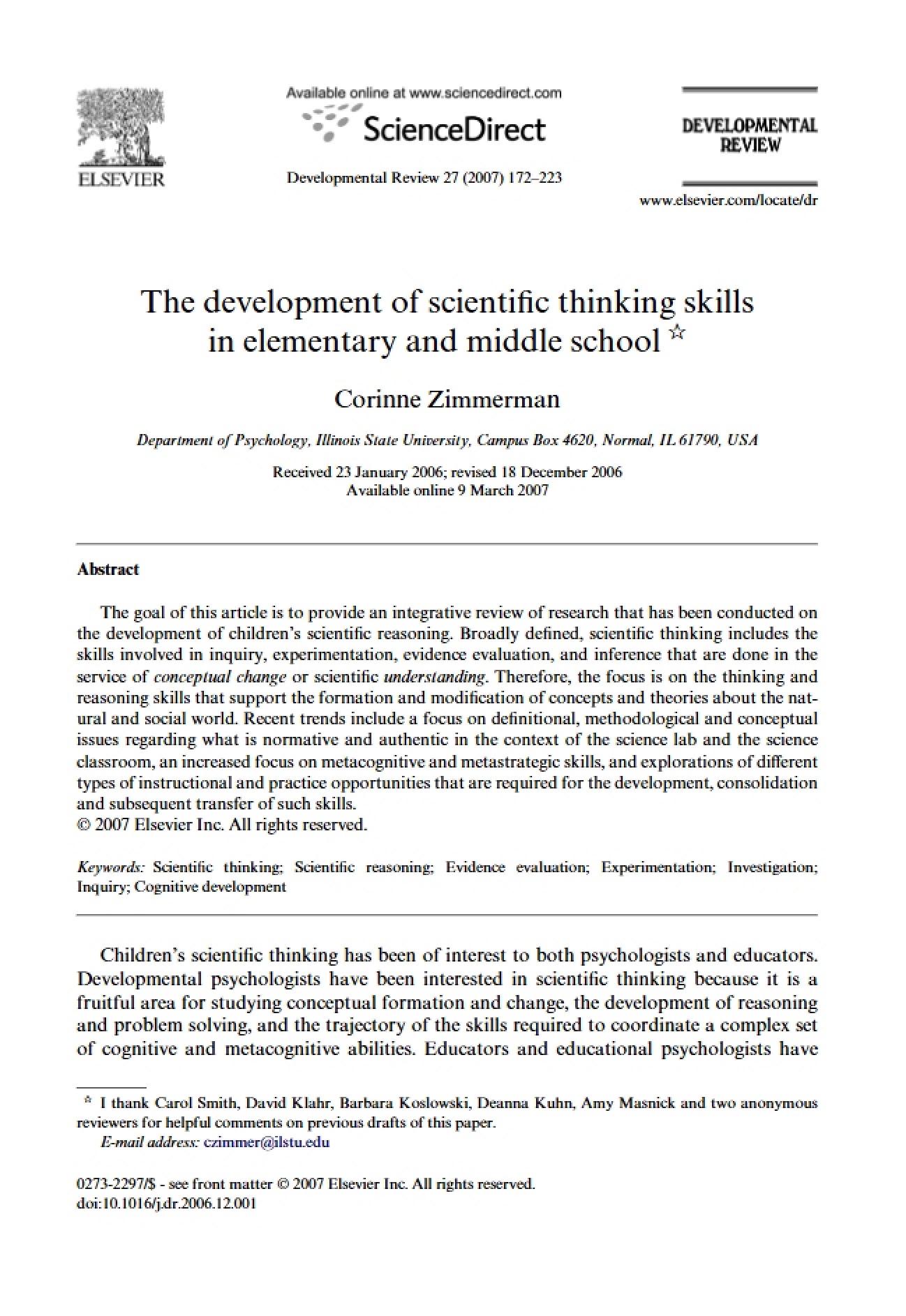 Scientific Thinking Skills: Developmental Path
