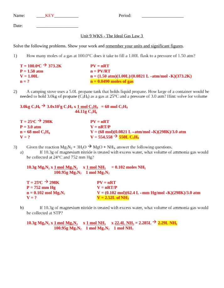 Worksheet on the Ideal Gas Law