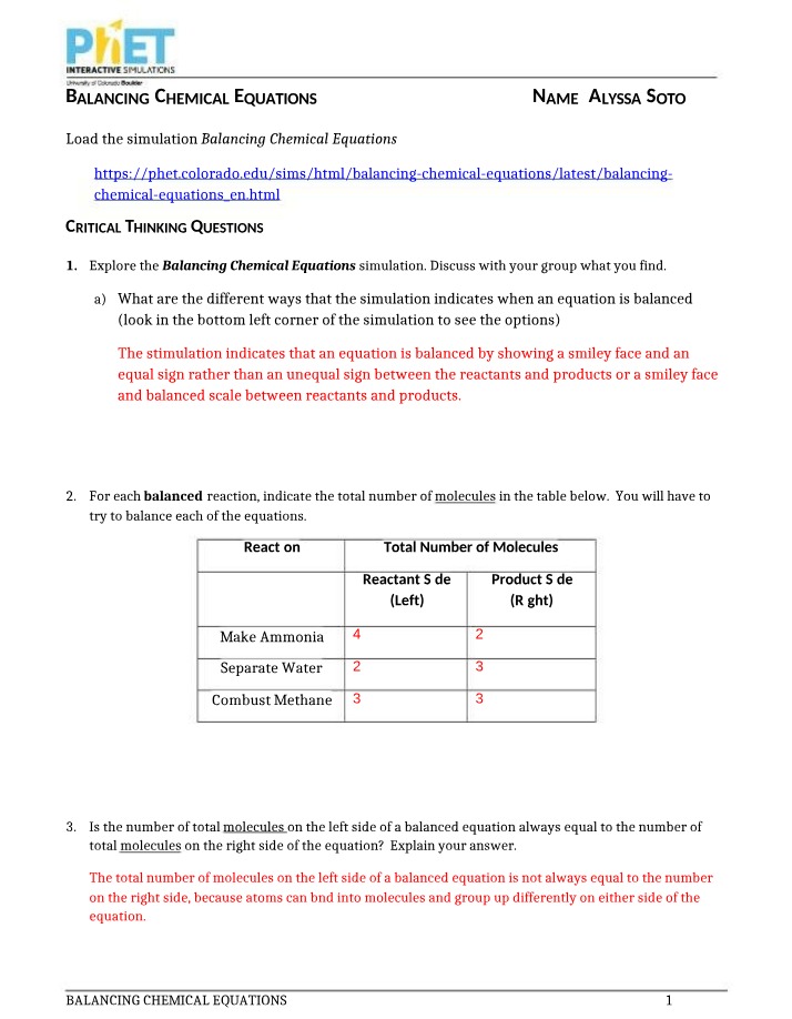 Molecules and Balancing Chemical Equations