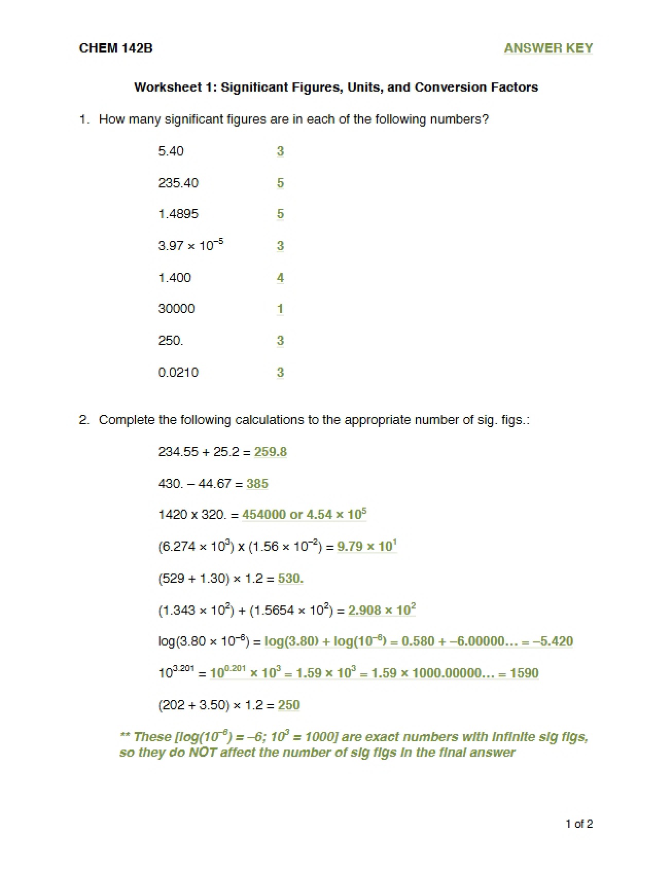 Key for Worksheet 1 Dimensional Analysis and Sig Figs