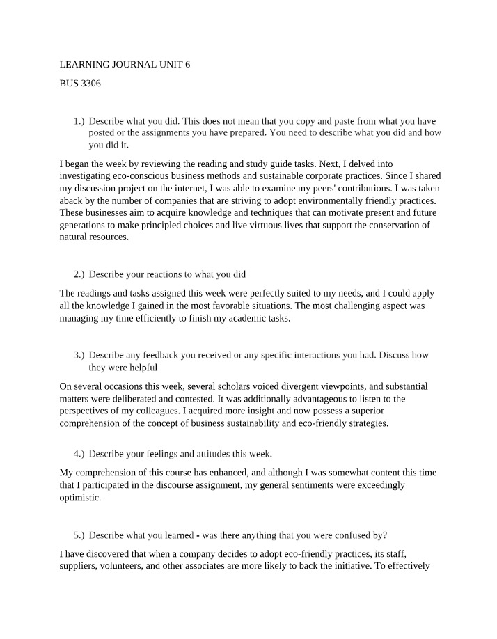 BUS3306 Learning Journal Unit 6 (Term 4 2023)