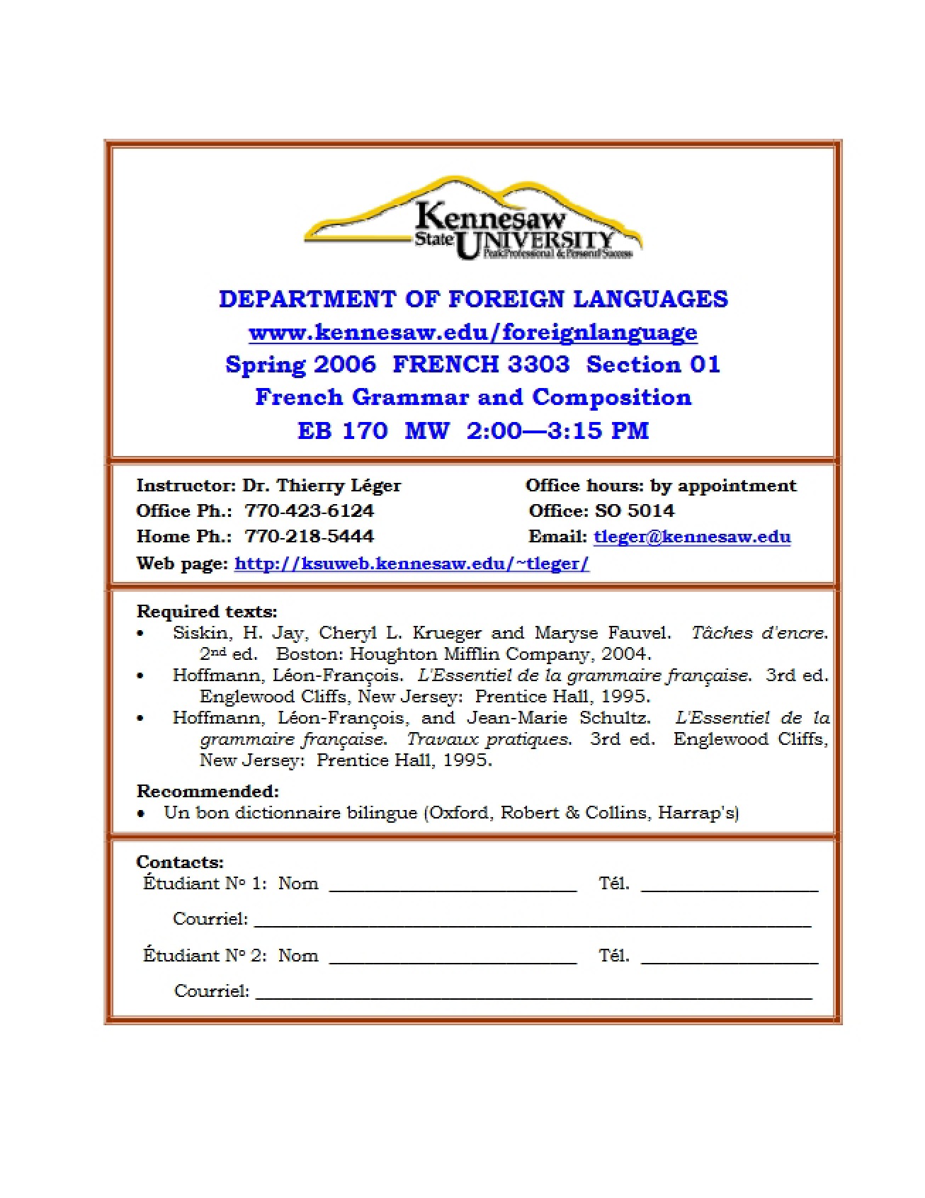 Course Outline for French Grammar and Composition - Grammar & Composition