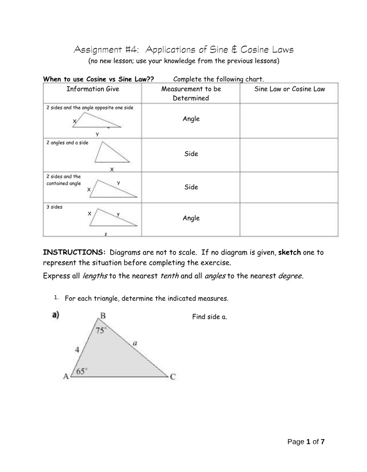 Sine & Cosine Laws Assignment - Triangle Measurement