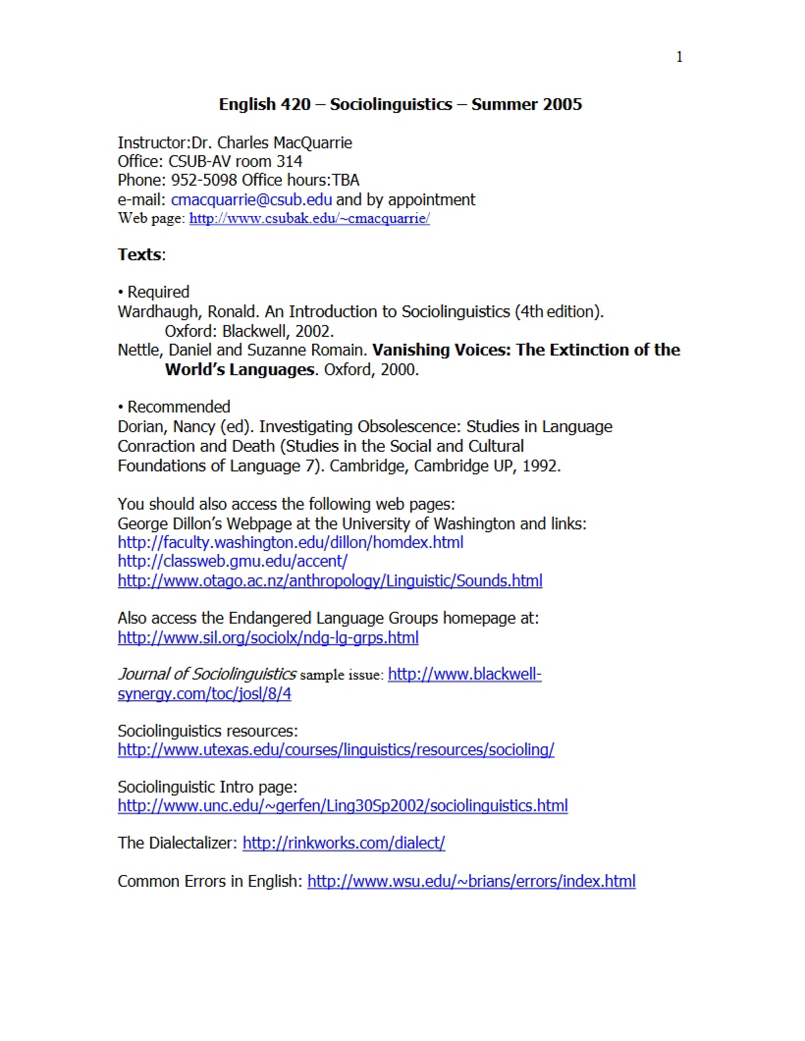 Summer 2005 Sociolinguistics Course