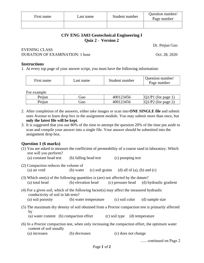 Quiz 2 - Geotechnical Engineering I (Version 2)