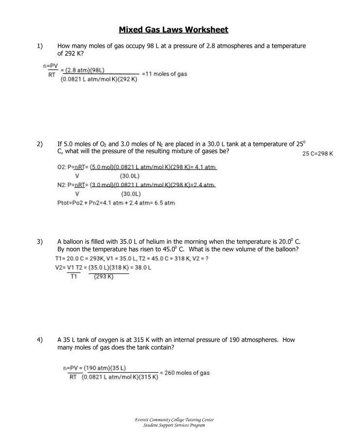 Worksheet on Gas Laws - Pressure and Volume