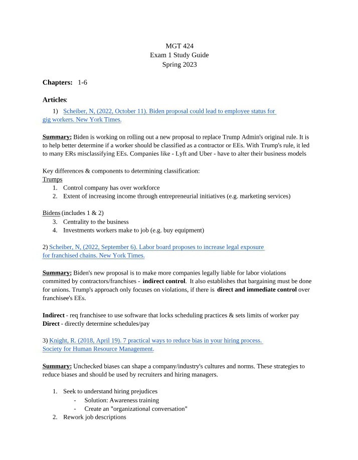 Study Guide for MGT 424 Exam 1