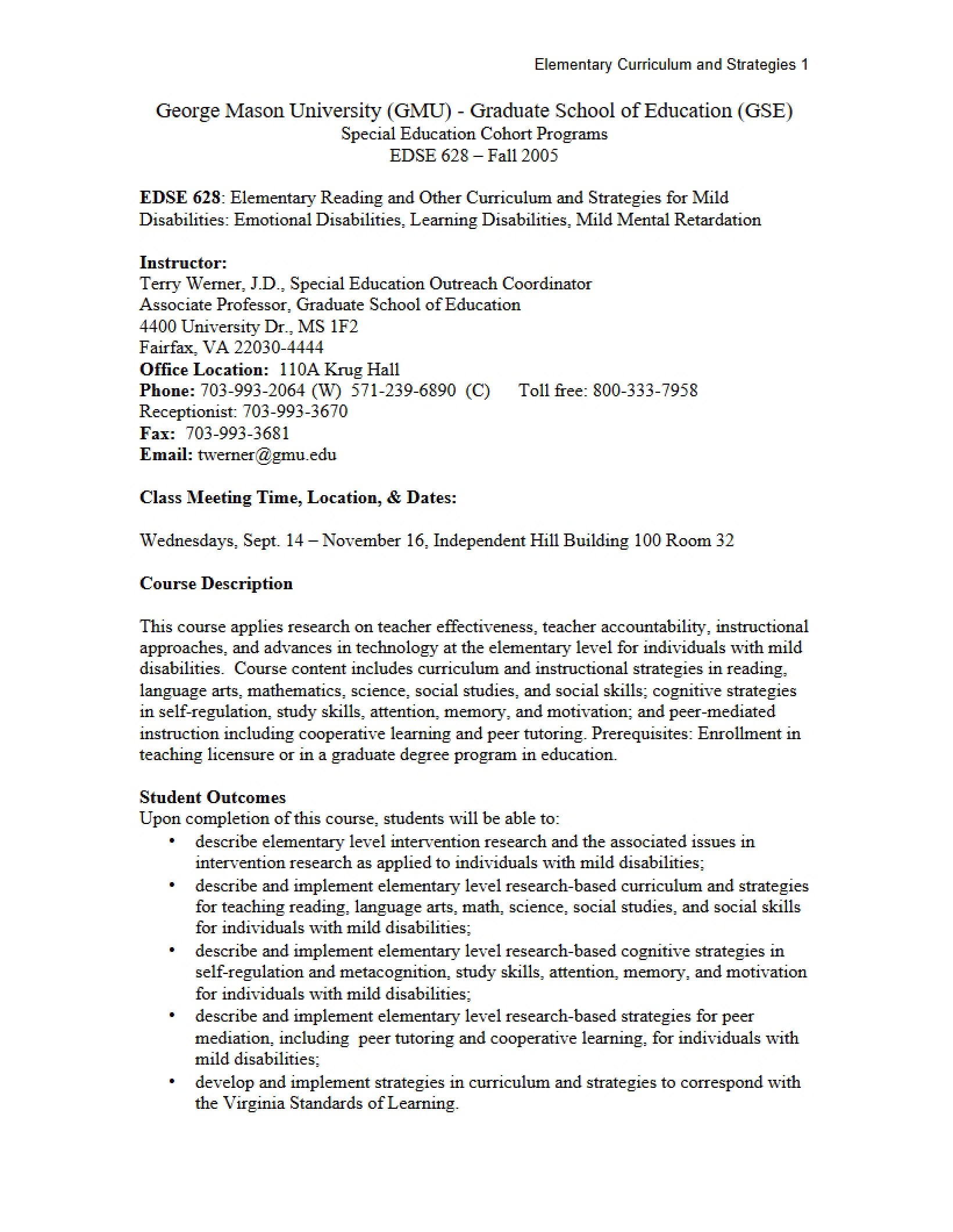 Elementary Reading and Curriculum Strategies Syllabus