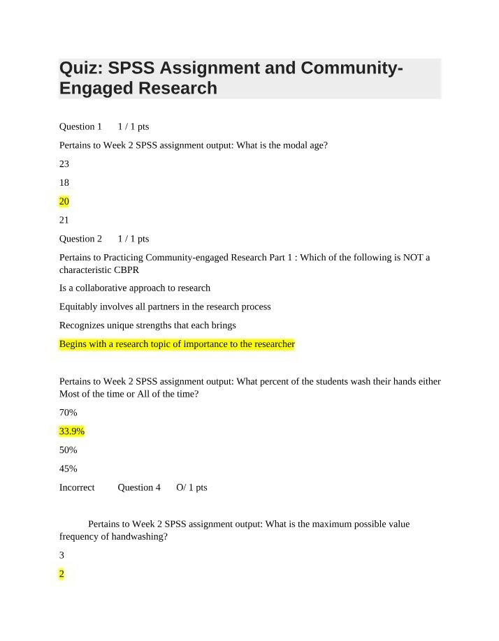 Community-Engaged Research and SPSS Quiz Assignment
