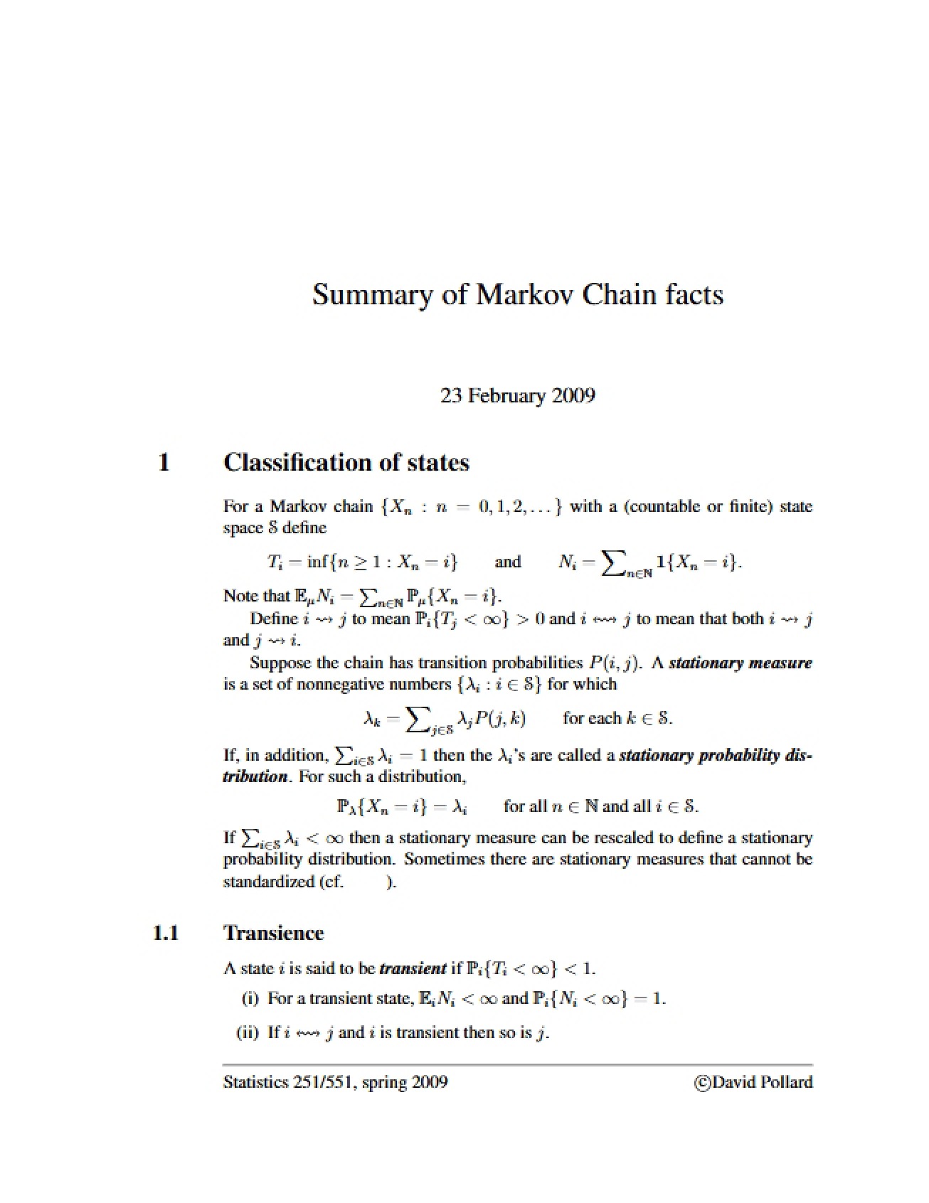 Markov Chain Facts Summary